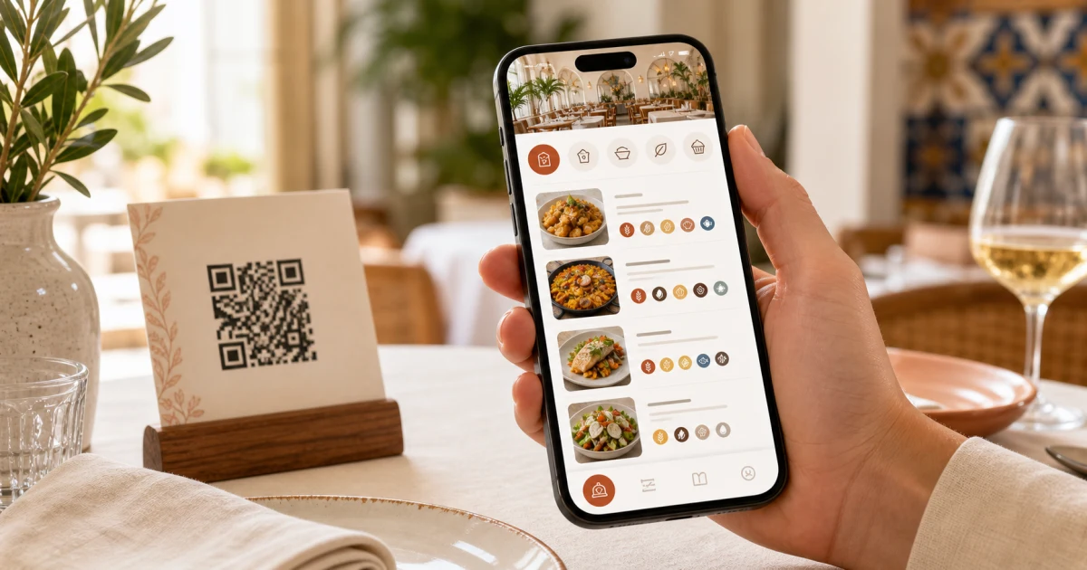 Carta digital de restaurante mostrando iconos de alérgenos junto a los platos