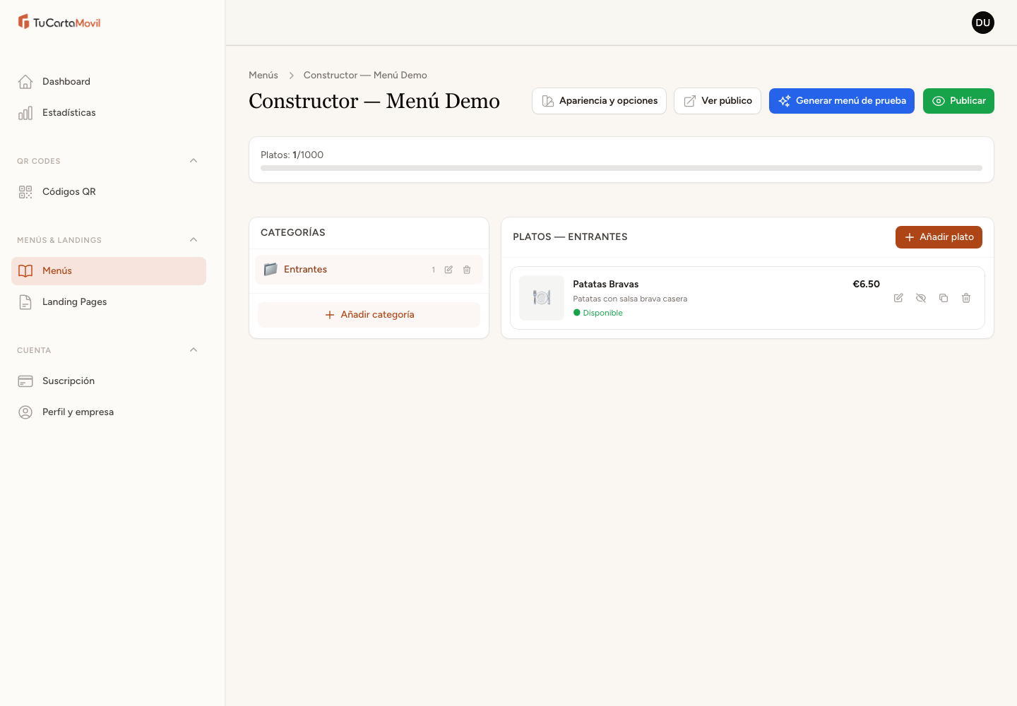 Constructor de carta con categorías y platos