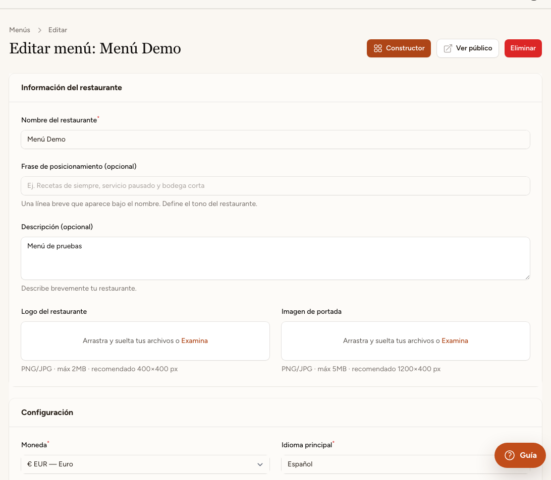 Personalizar, previsualizar y publicar la carta
